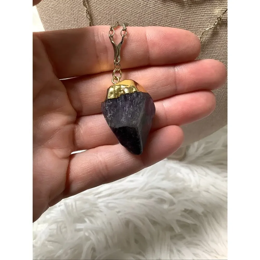 Express Gold Tone Amethyst Crystal Pendant Long Statement Necklace Boho E20-17